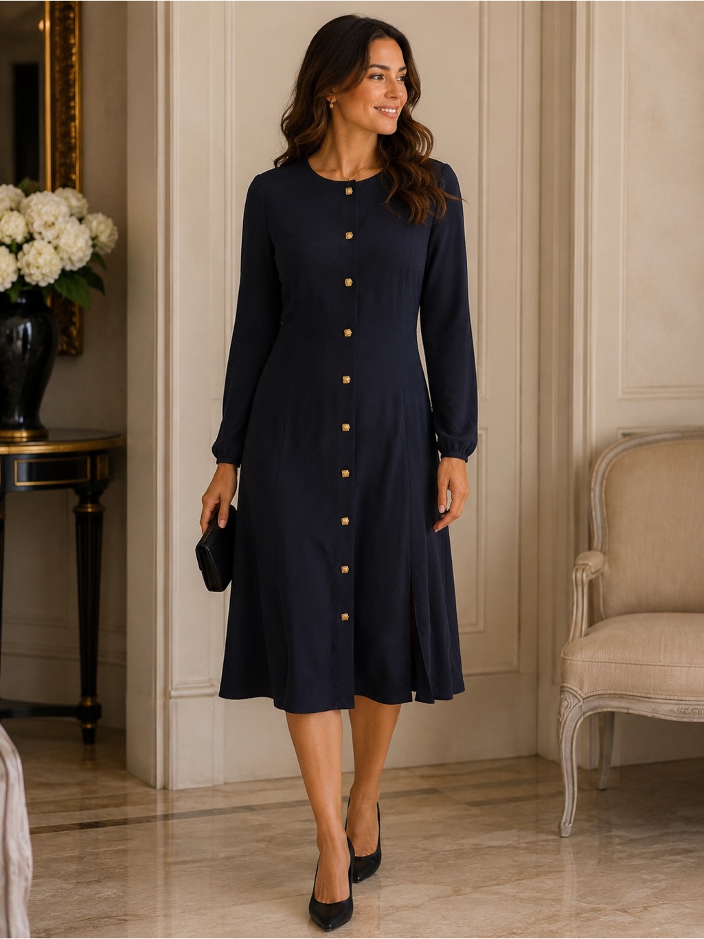 Dana Bachman Silk Size 12 Dress Classic Vintage Navy Color With Gold Buttons